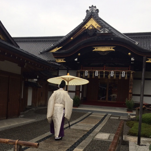 雨傘を差す神主さん