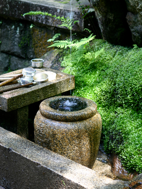 苔むした手水とひしゃく