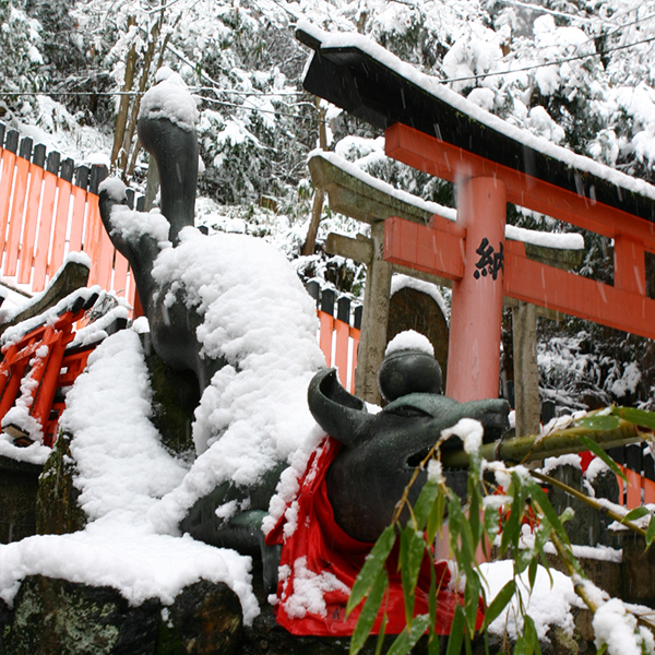 伏見稲荷の眼力社手水雪景色